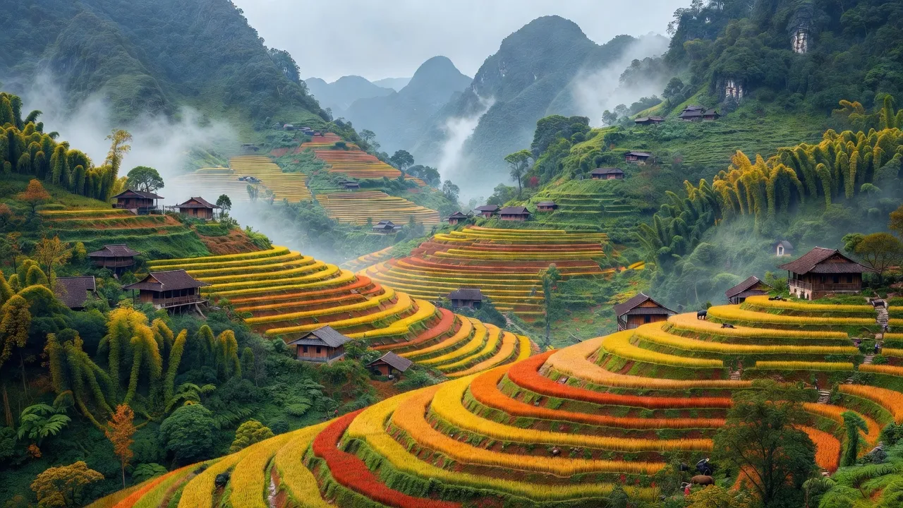 Cảnh quan ruộng bậc thang xã Na Khê, huyện Yên Minh, tỉnh Hà Giang vào mùa thu.
