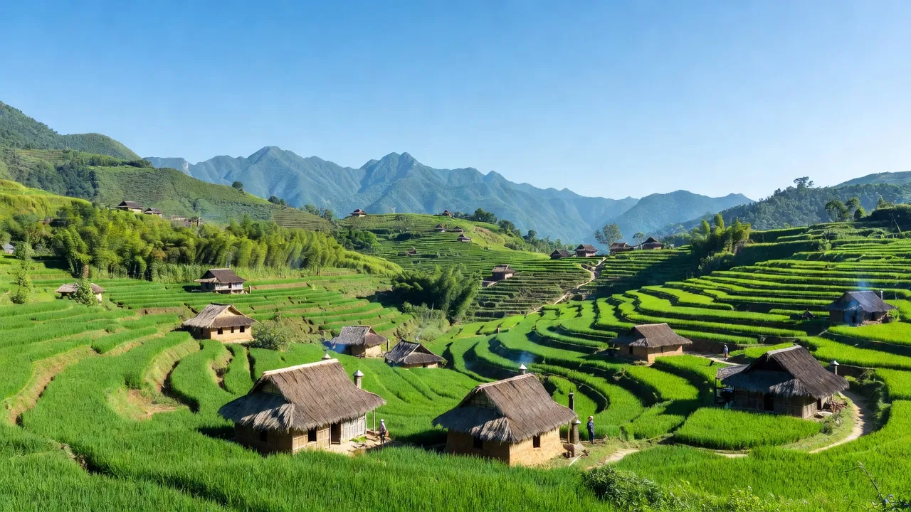 Khung cảnh núi non Xã Ngam La, Huyện Yên Minh với các ngôi nhà truyền thống và bầu trời xanh.