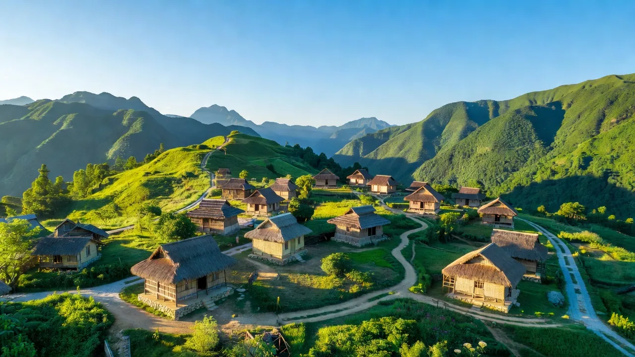 Phong cảnh xã Phú Lũng, huyện Yên Minh, tỉnh Hà Giang với nhà cửa đẹp và thiên nhiên xanh tươi.