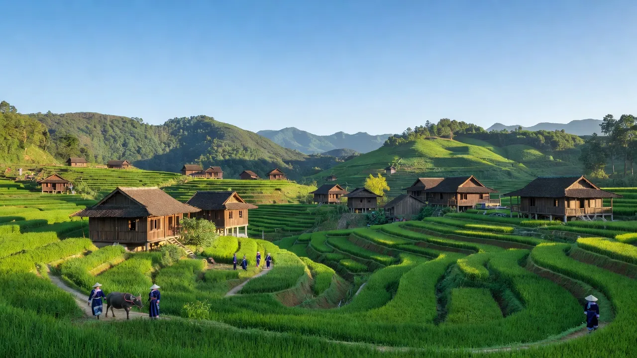 Khung cảnh làng Sủng Thài, Yên Minh với ruộng bậc thang, đồi xanh và nhà gỗ truyền thống.
