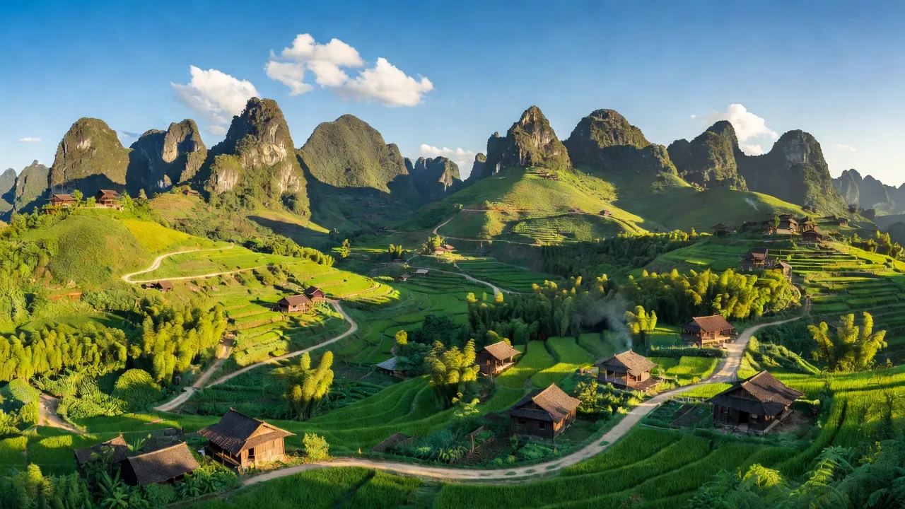 Cảnh quan tuyệt đẹp ở Sủng Tráng, Yên Minh, Hà Giang với đồi núi, cây cối và đường làng.