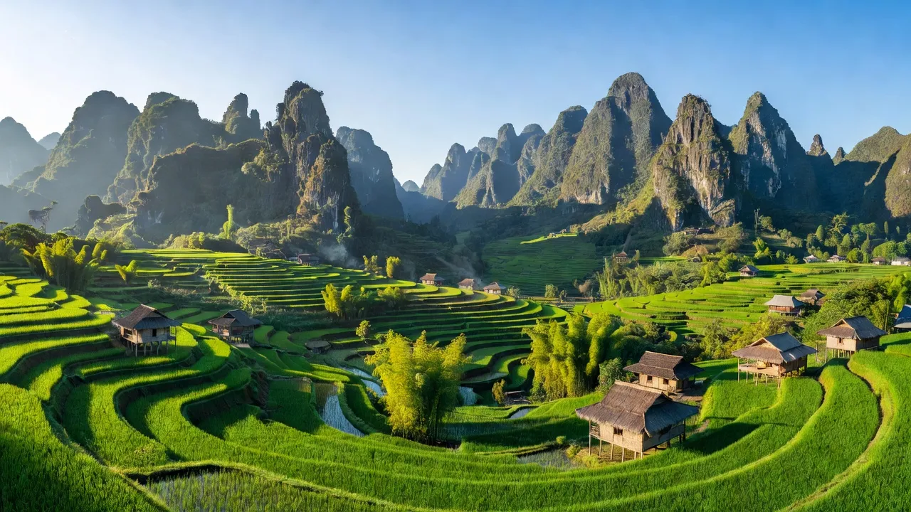 Khung cảnh tỉnh Hà Giang với núi non hùng vĩ, thung lũng xanh mát và nhà sàn truyền thống.