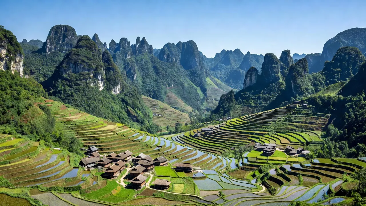Khung cảnh tỉnh Hà Giang với núi non hùng vĩ và đồng ruộng bậc thang, Việt Nam