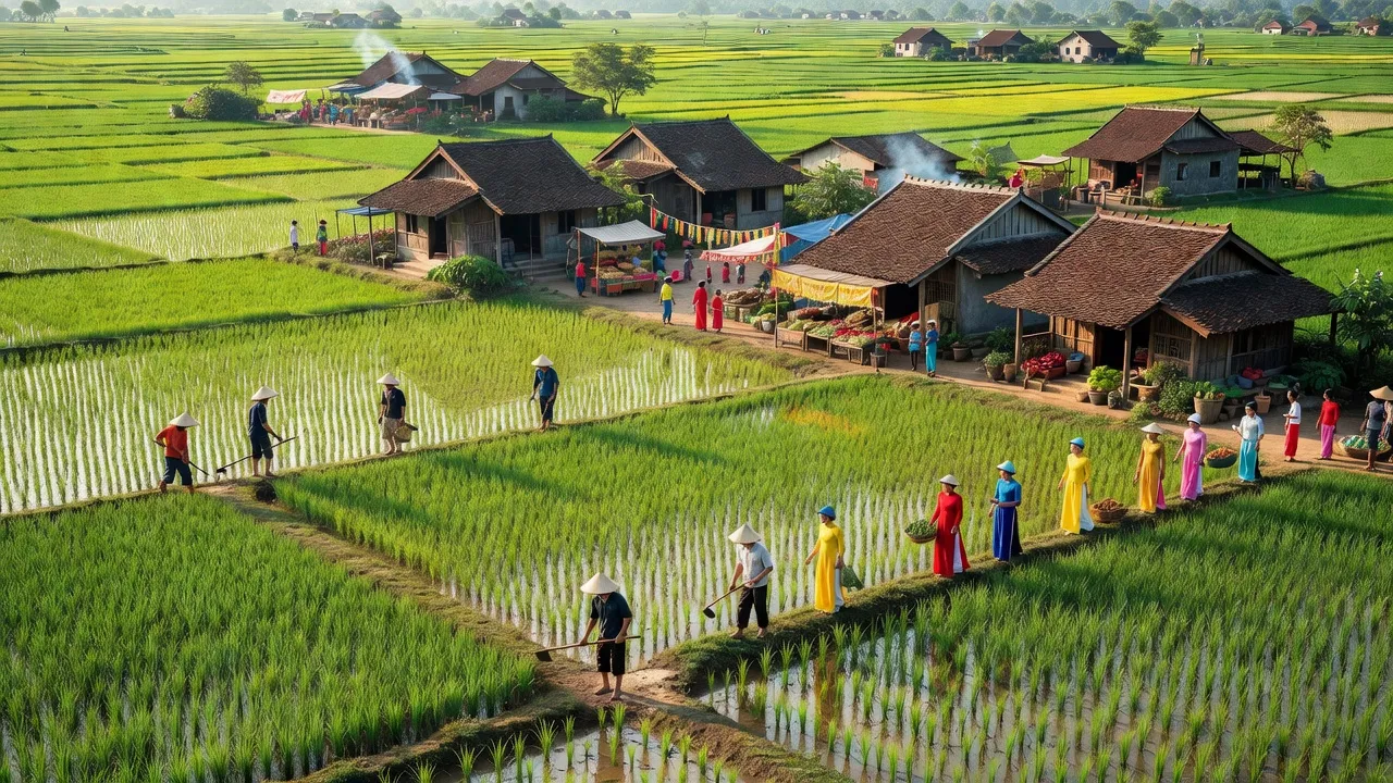 Cảnh đẹp huyện Bình Lục, Hà Nam với đồng xanh mướt, nhà truyền thống và văn hóa địa phương.