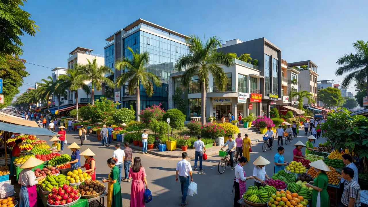 Khung cảnh thị xã Duy Tiên hiện đại với cảnh quan đô thị, chợ và cây xanh, Hà Nam.