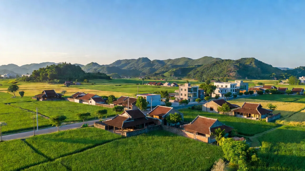 Khung cảnh Thị xã Kim Bảng, Hà Nam với cánh đồng xanh và nhà truyền thống Việt Nam.