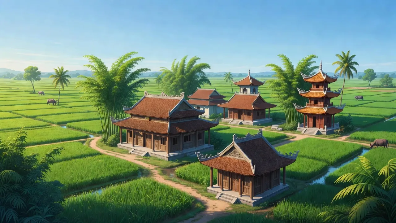 Khung cảnh Thị xã Kim Bảng, tỉnh Hà Nam với cánh đồng xanh và kiến trúc truyền thống, nổi bật vẻ đẹp địa phương.