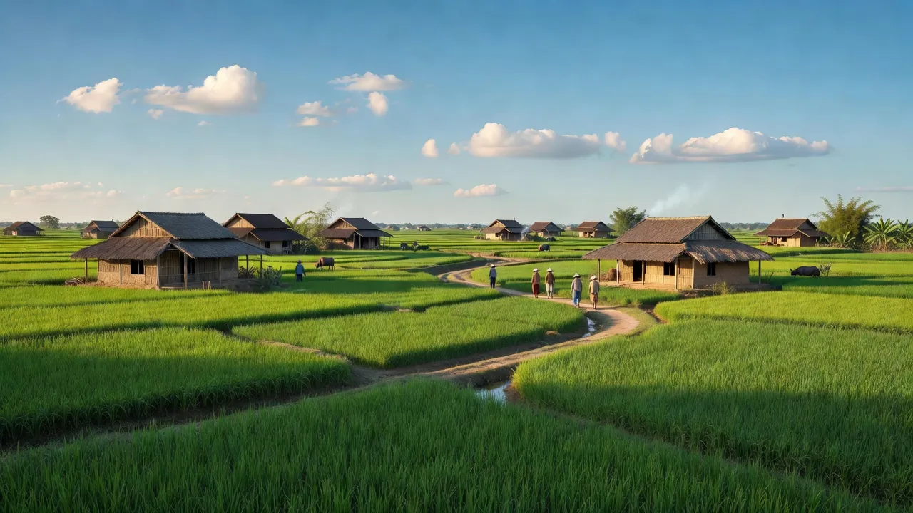 Cảnh đồng quê huyện Lý Nhân, Hà Nam với ruộng lúa xanh mướt và nhà truyền thống.