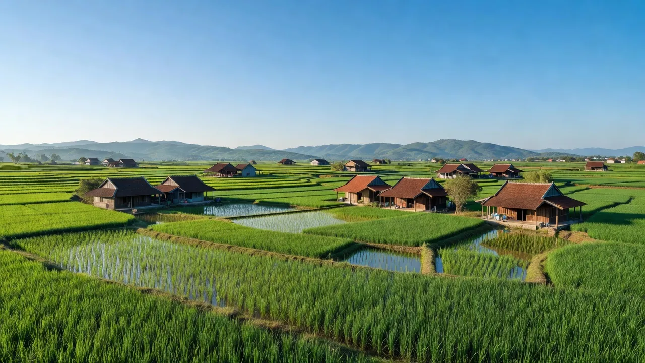 Cảnh quan huyện Lý Nhân, tỉnh Hà Nam với cánh đồng xanh và nhà truyền thống, nông thôn yên bình.