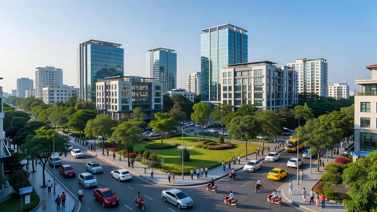 Thành phố Phủ Lý, Hà Nam: cảnh quan đô thị hiện đại với giao thông và cây xanh.