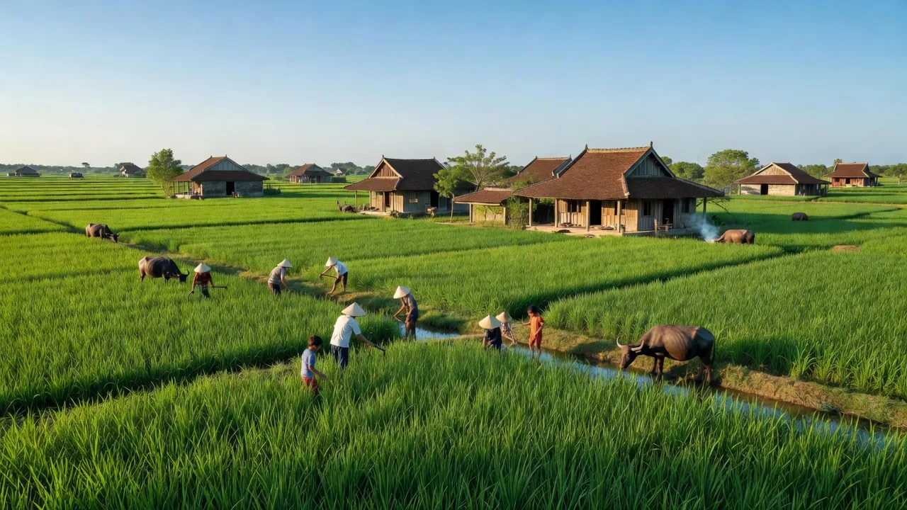 Khung cảnh đẹp huyện Thanh Liêm, Hà Nam với cánh đồng xanh mướt và nhà truyền thống.