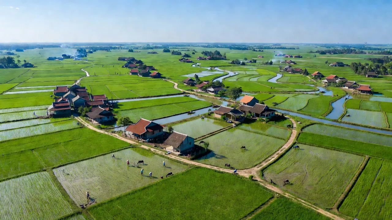 Khung cảnh huyện Thanh Liêm, Hà Nam với cánh đồng xanh tươi và dòng nước trong lành.