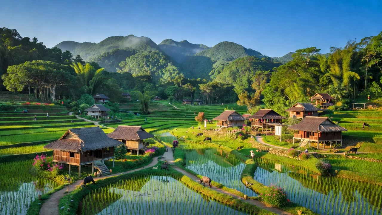 Cảnh đẹp Huyện Ba Vì, Hà Nội với núi non xanh tươi và văn hóa truyền thống tương phản.
