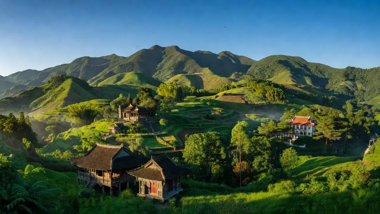 Khung cảnh nên thơ huyện Ba Vì, Hà Nội với núi non xanh, kiến trúc văn hóa Việt Nam, phong cảnh hữu tình.
