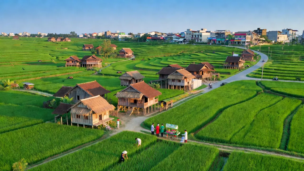 Cảnh đồng quê tại huyện Chương Mỹ, Hà Nội với cánh đồng xanh mướt và làng nghề truyền thống.