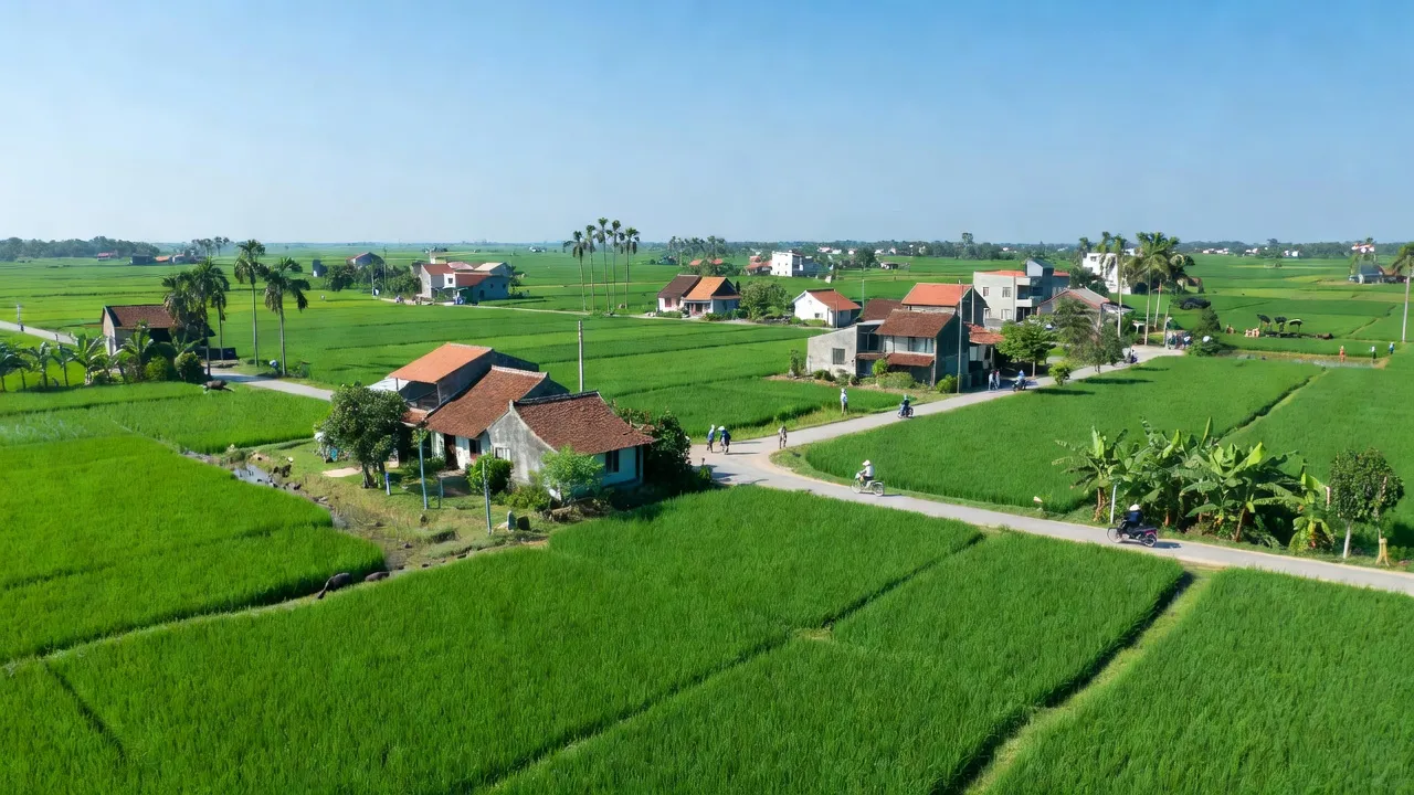 Cảnh đẹp huyện Đan Phượng, Hà Nội với cánh đồng và nhà cửa, nét đẹp nông thôn Việt Nam.