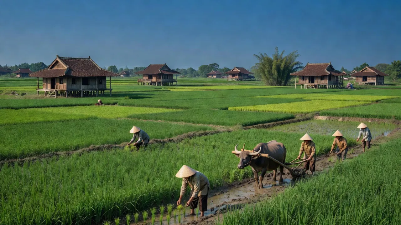Cảnh sắc huyện Đan Phượng, Hà Nội với đồng xanh và nhà truyền thống, thể hiện đời sống nông thôn.