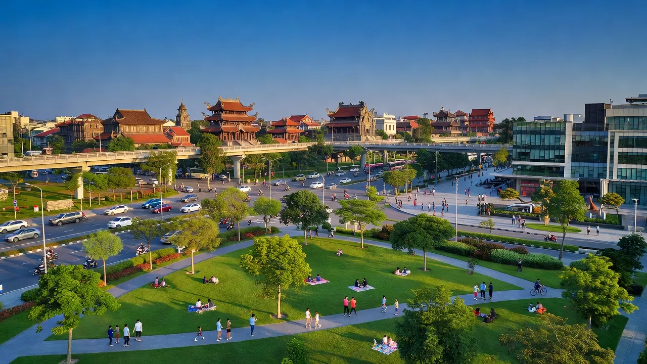 Khung cảnh huyện Đông Anh, Hà Nội với hạ tầng hiện đại và cây xanh tươi mát.