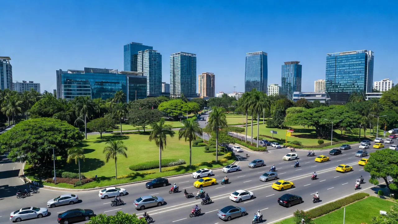 Khung cảnh huyện Đông Anh, Hà Nội với hạ tầng hiện đại và không gian xanh, trời quang đãng.