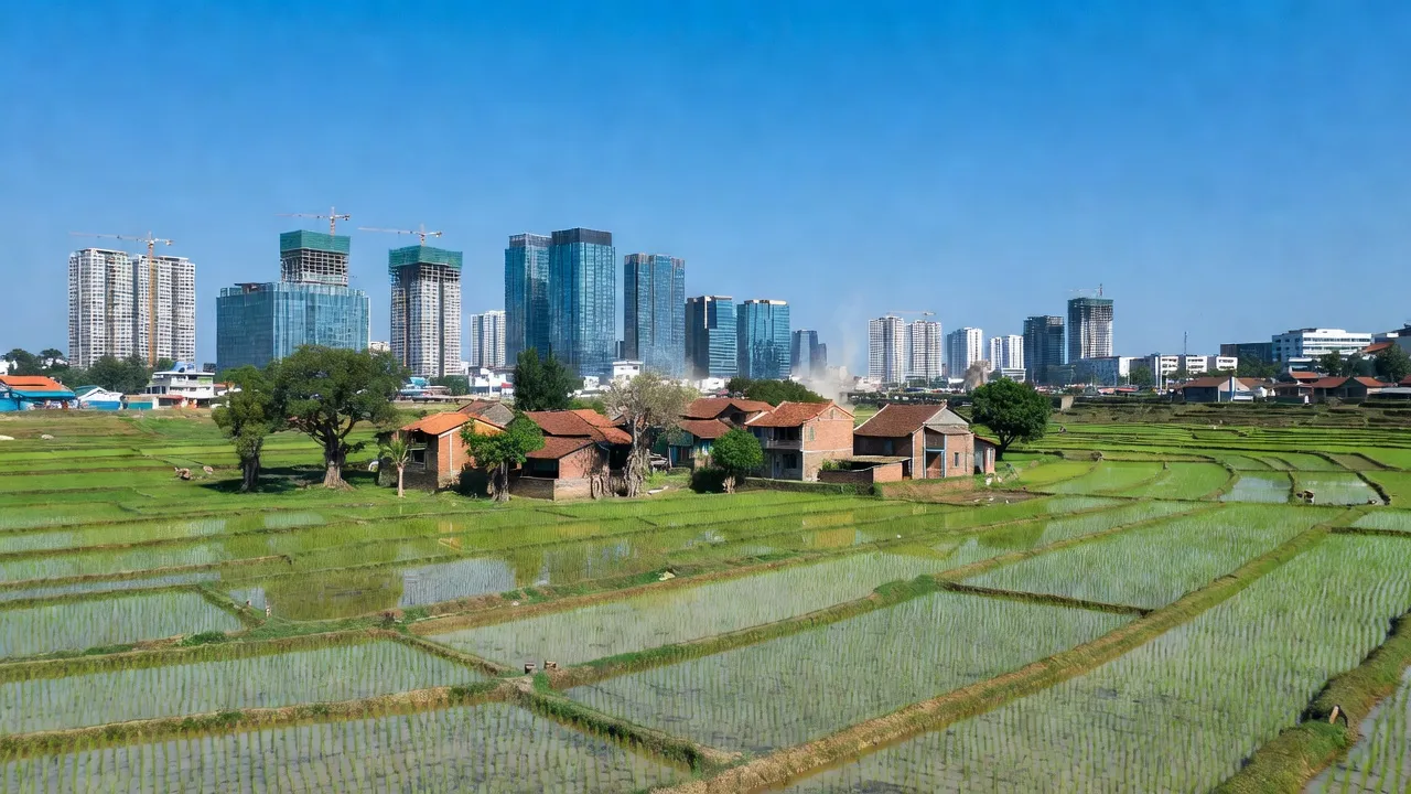 Khung cảnh huyện Gia Lâm, Hà Nội với đồng lúa và khu đô thị mới, trời trong xanh.