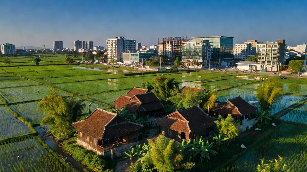 Quang cảnh huyện Gia Lâm, Hà Nội, kết hợp giữa nông thôn xanh và đô thị hiện đại.