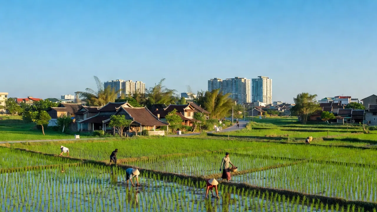 Khung cảnh huyện Hoài Đức, Hà Nội với cánh đồng xanh và kiến trúc truyền thống Việt Nam.
