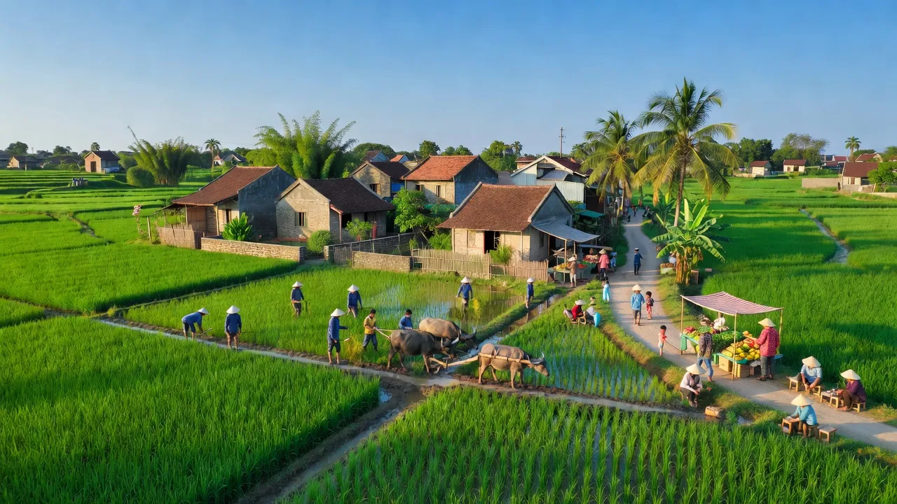 Khung cảnh huyện Hoài Đức, Hà Nội với đồng xanh, nhà làng và bầu trời trong trẻo.