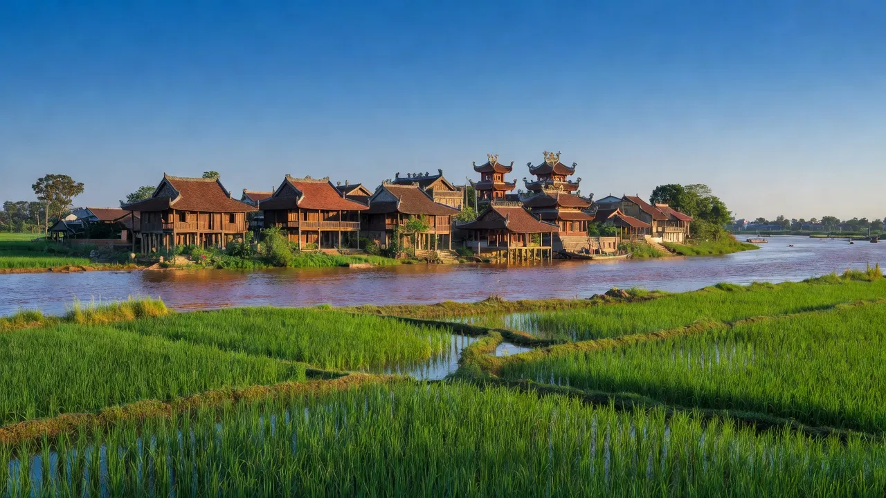 Cảnh đẹp huyện Mê Linh, Hà Nội với cánh đồng xanh, sông Hồng và kiến trúc truyền thống.