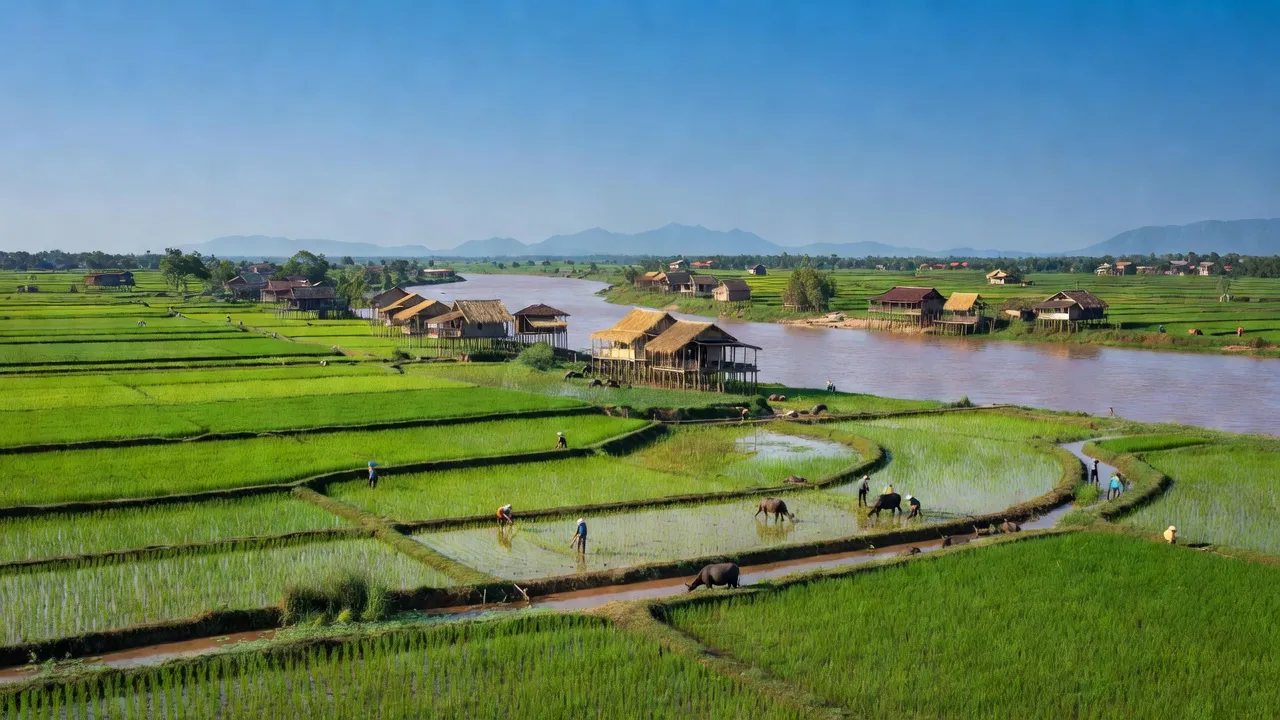 Cảnh đẹp huyện Mê Linh, Hà Nội với cánh đồng xanh, sông Hồng và nhà truyền thống Việt Nam.