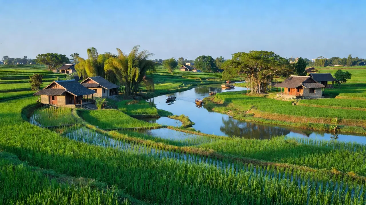 Cảnh đồng xanh huyện Mỹ Đức, Hà Nội, nổi bật với ruộng lúa và nhà truyền thống Việt Nam.