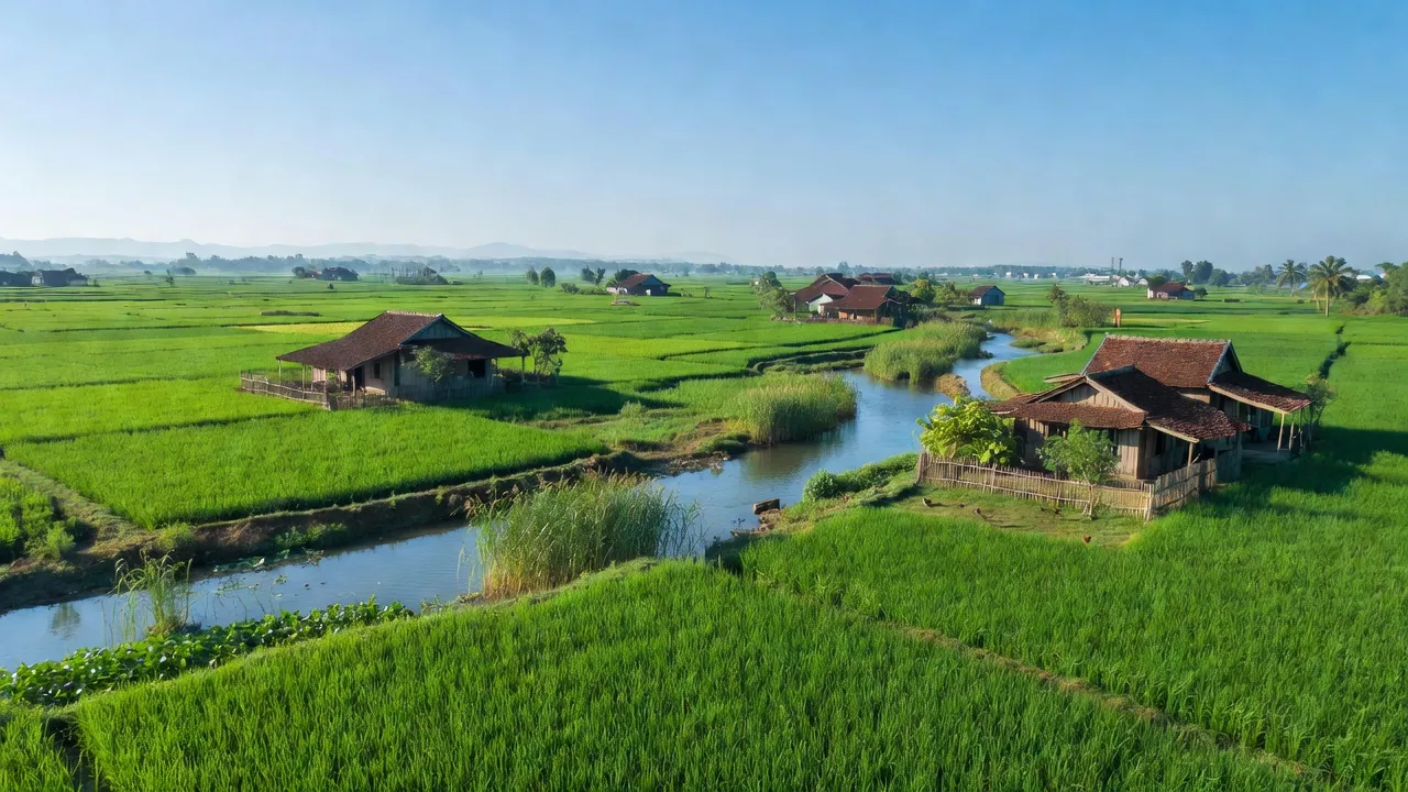 Cảnh quan huyện Mỹ Đức, Hà Nội với cánh đồng xanh, nhà truyền thống và sông nước.