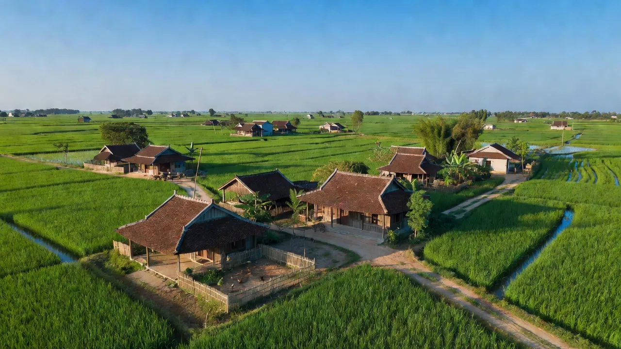 Khung cảnh huyện Phú Xuyên, Hà Nội với cánh đồng xanh và nhà truyền thống Việt Nam.