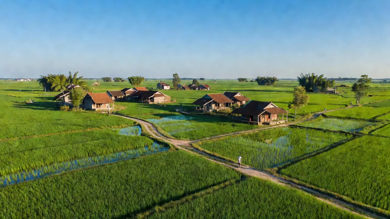 Quang cảnh huyện Phú Xuyên, Hà Nội với cánh đồng xanh và nhà truyền thống, sự bình yên nông thôn.