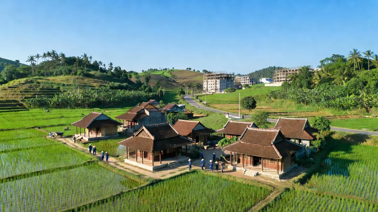 Khung cảnh Huyện Phúc Thọ, Hà Nội với cánh đồng xanh và nhà truyền thống, phản ánh sự phát triển nông thôn.