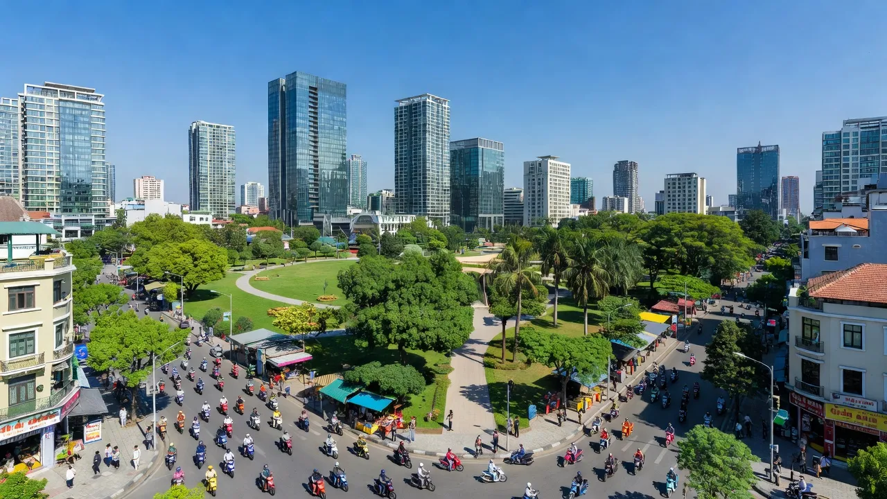 Quận Bắc Từ Liêm, Hà Nội với các tòa nhà hiện đại và công viên xanh mát, bầu trời trong xanh.