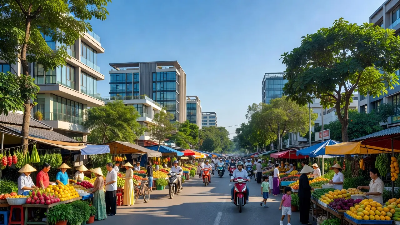 Quận Bắc Từ Liêm, Hà Nội với kiến trúc hiện đại và cuộc sống sôi động hàng ngày, thời tiết đẹp.