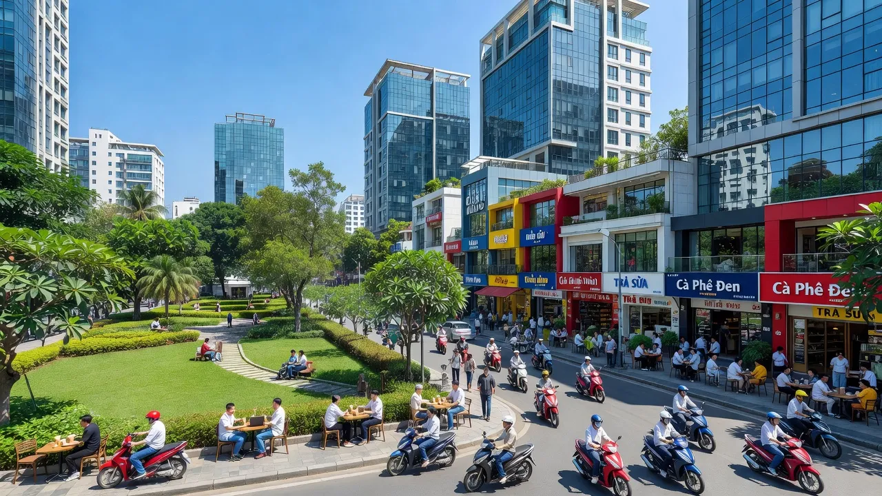 Cảnh quan sôi động tại Quận Cầu Giấy, Hà Nội với kiến trúc hiện đại và không khí tươi đẹp.
