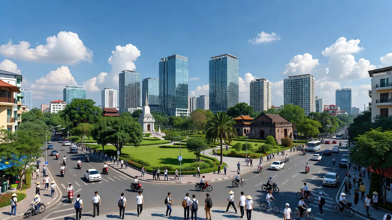 Quận Cầu Giấy, Hà Nội với kiến trúc hiện đại và không gian xanh, thể hiện nhịp sống năng động.