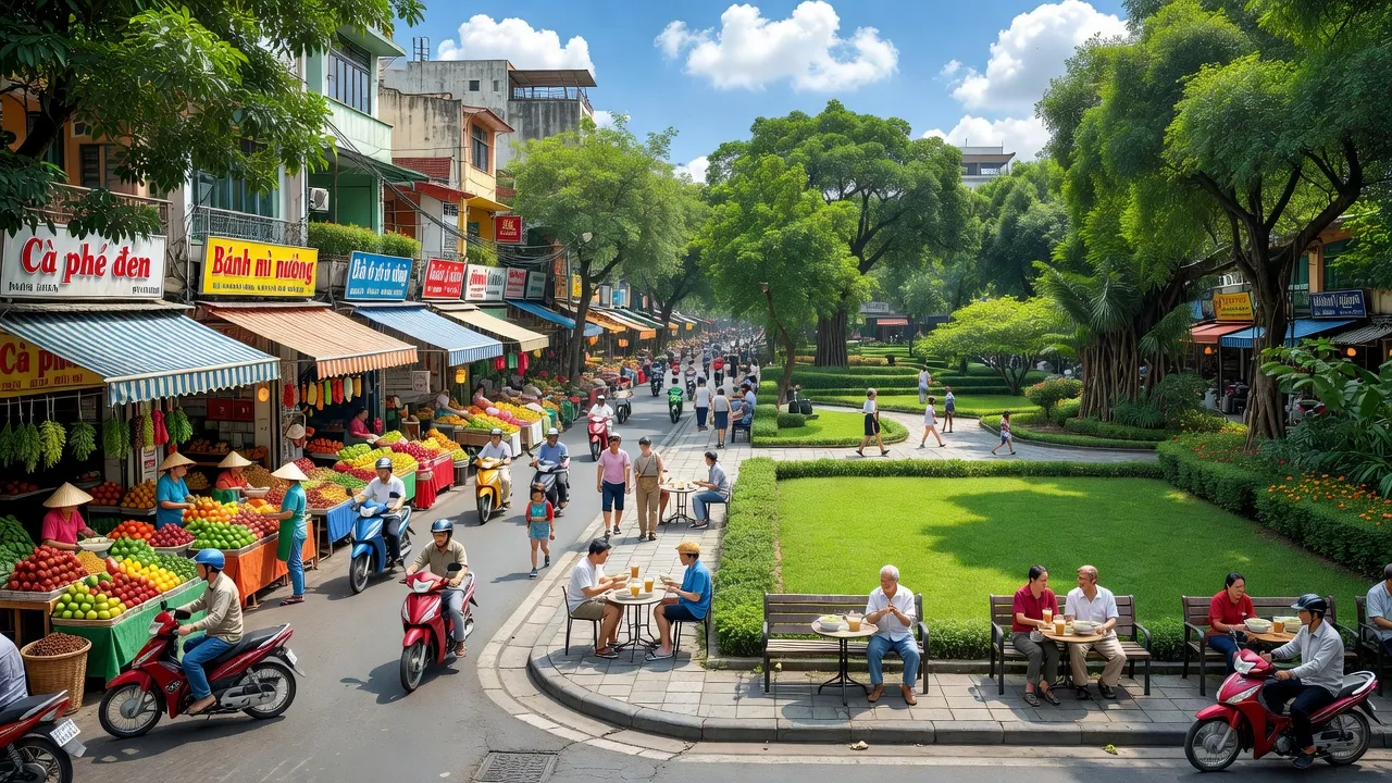 Quận Đống Đa, Hà Nội với cảnh phố phường sôi động, không gian xanh và quán cafe.