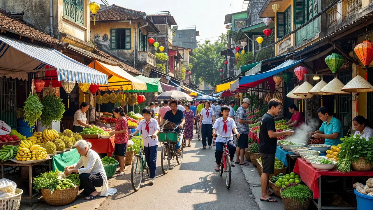 Quận Đống Đa, Hà Nội với thị trường nhộn nhịp, kiến trúc truyền thống và người dân địa phương hoạt động.