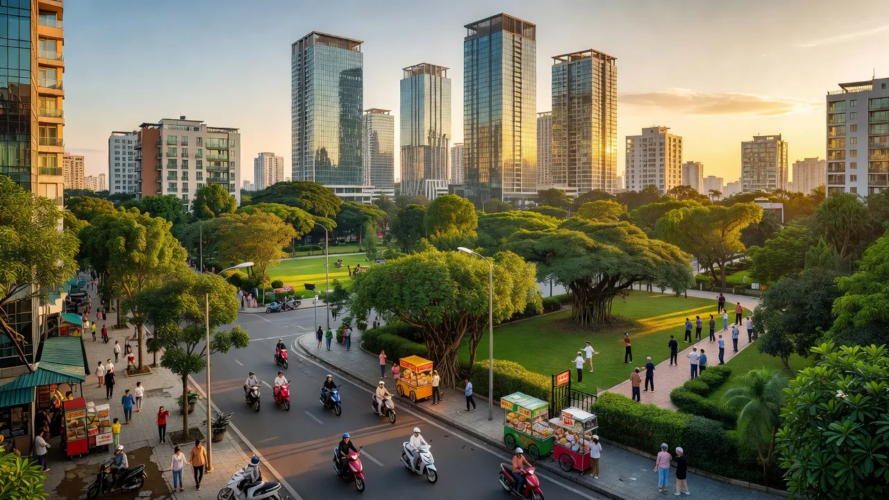 Cảnh quan Quận Hà Đông, Hà Nội với tòa nhà, đường phố và cây xanh, cuộc sống đô thị năng động