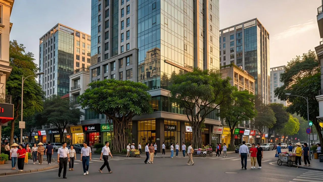 Quận Hai Bà Trưng, Hà Nội với cảnh đẹp phố phường, tòa nhà hiện đại và cây xanh.