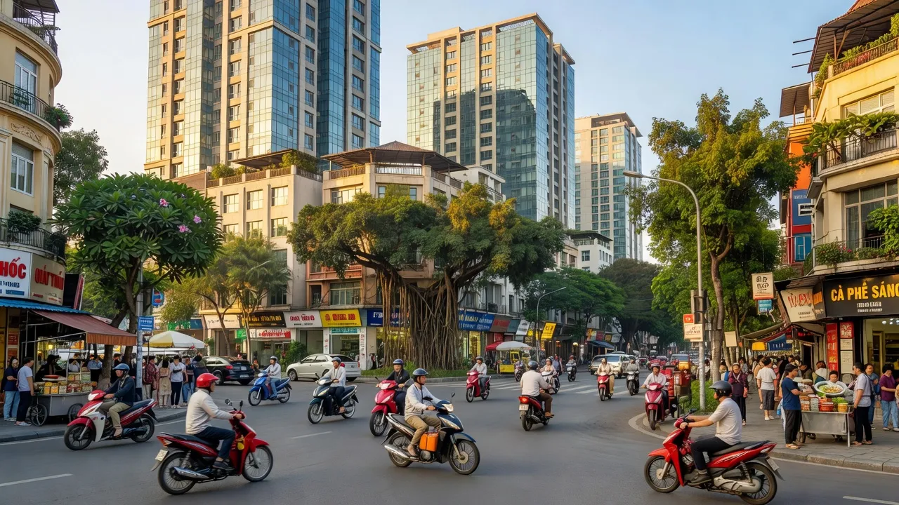 Quận Hai Bà Trưng, Hà Nội với tòa nhà hiện đại, phố đông đúc và cây xanh tươi tốt.