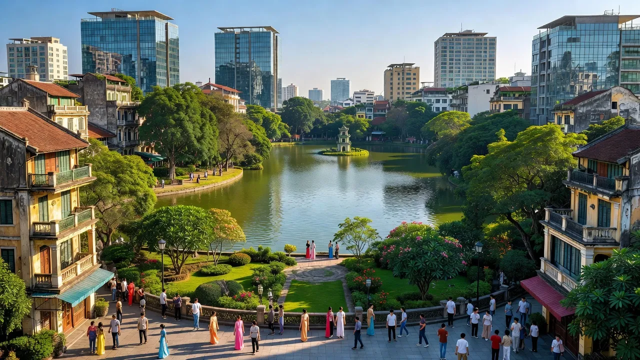Quận Hoàn Kiếm, Hà Nội với Hồ Gươm, hòa quyện hiện đại và lịch sử, nhộn nhịp mọi thời điểm.