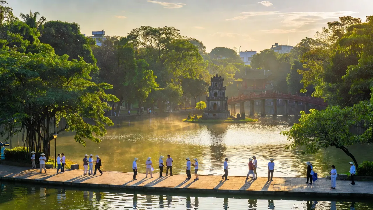 Quận Hoàn Kiếm, Hồ Gươm sáng sớm, người dạo bộ, cây xanh Hà Nội, vẻ đẹp lịch sử.