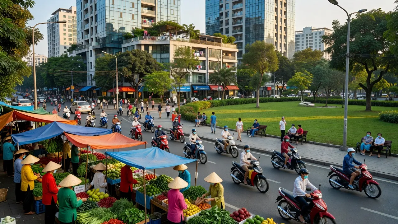 Quận Hoàng Mai, Hà Nội với đường phố nhộn nhịp, kiến trúc hiện đại và không gian xanh.