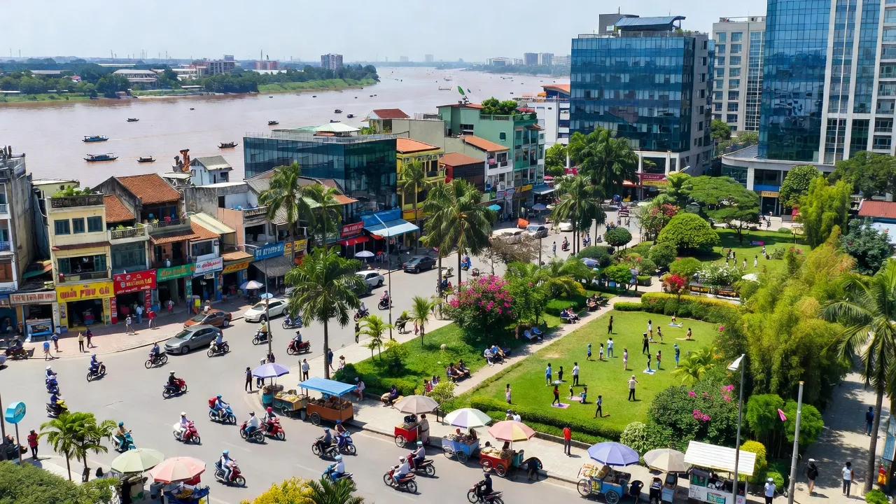 Quận Long Biên, Hà Nội với cảnh quan nhộn nhịp, sông Hồng và đời sống đô thị sôi động.