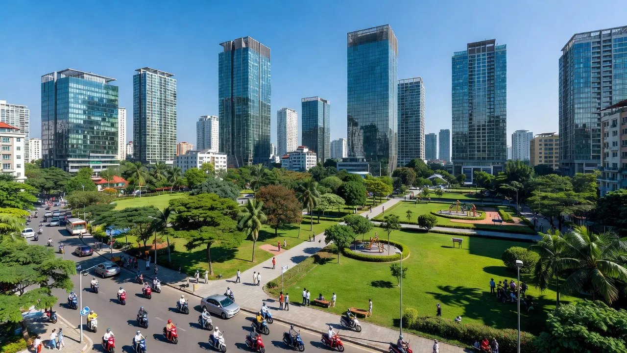 Quận Nam Từ Liêm, Hà Nội với cảnh quan đô thị hiện đại và cuộc sống sôi động.