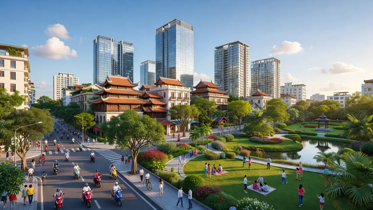 Quận Nam Từ Liêm, Hà Nội với kiến trúc hiện đại và không gian xanh, phố xá nhộn nhịp.