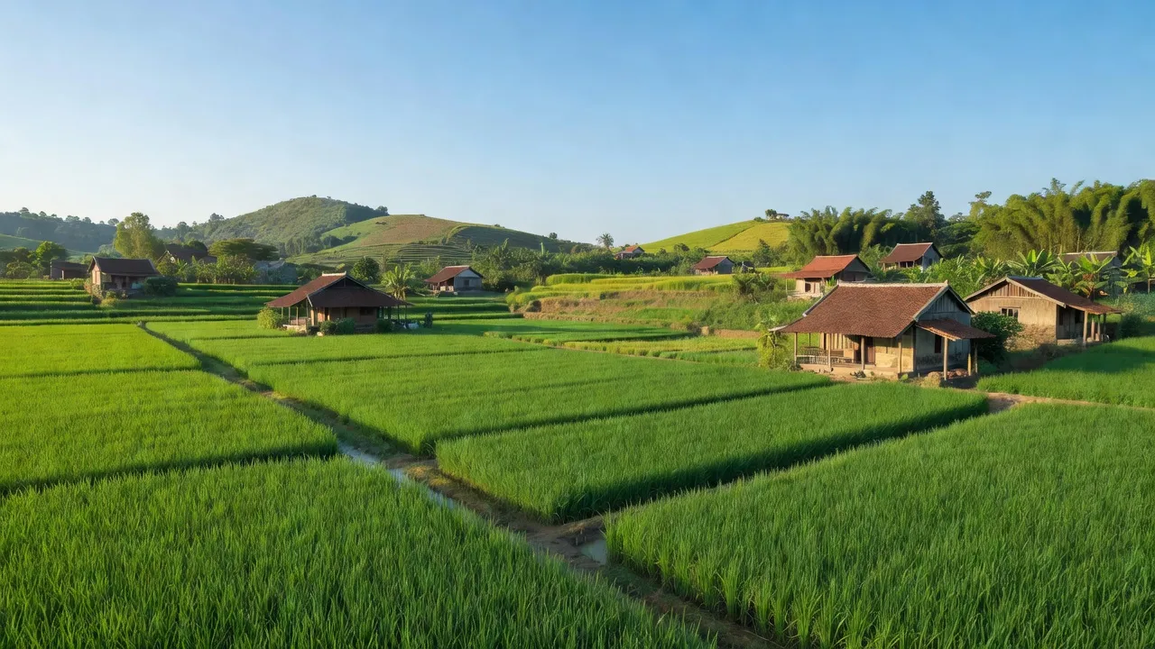 Landschaft của huyện Quốc Oai, Hà Nội với cánh đồng xanh và nhà truyền thống, bầu trời trong xanh.